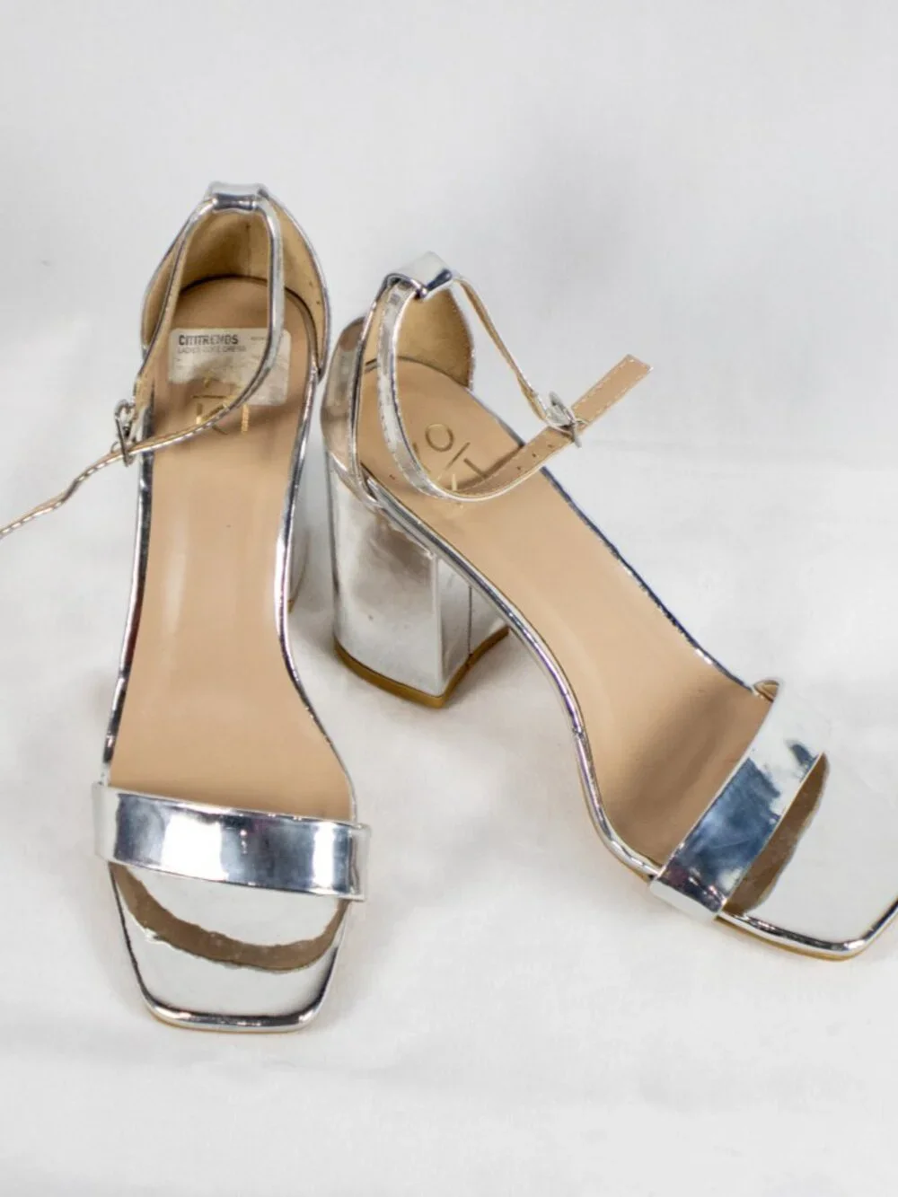 Yoki Metallic Silver Square Toe Ankle Strap Block Heels Size 6.5